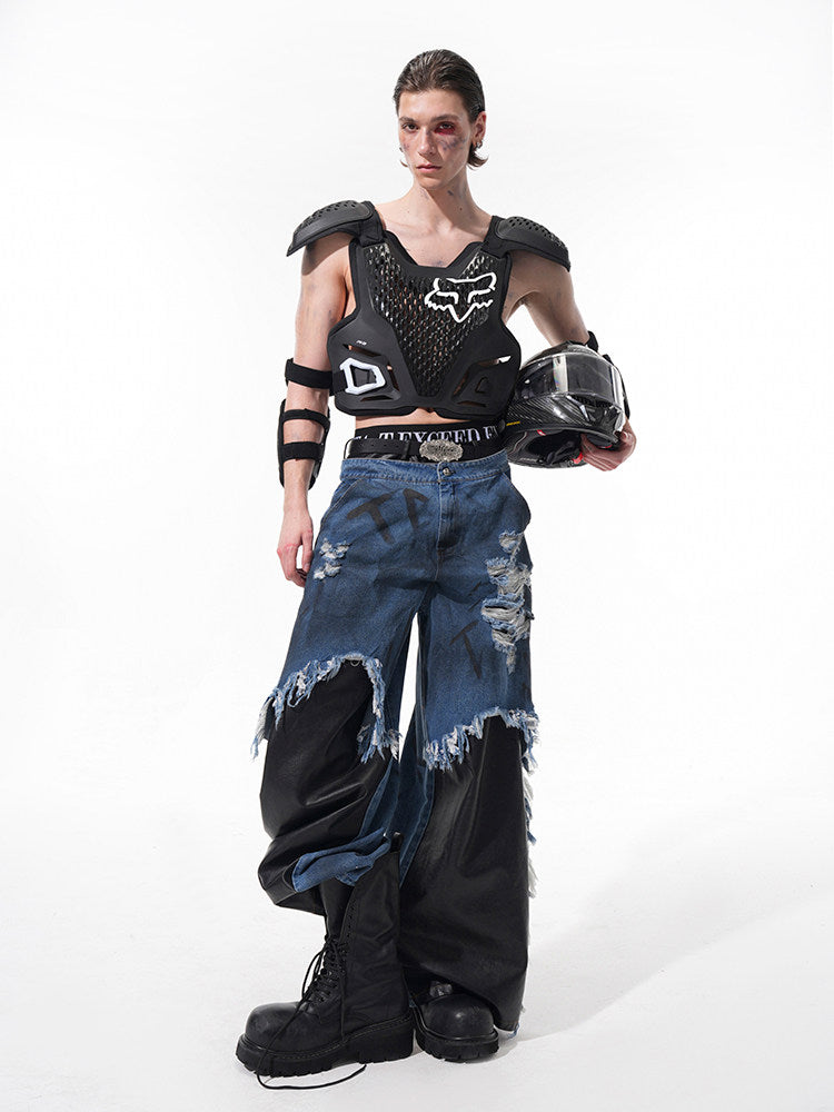 Patchwork - Grungy Blue Men's Black Hem Hand-lettering Raw and Jeans
