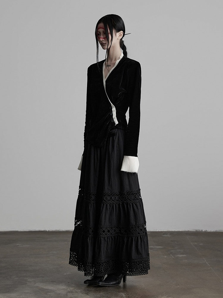 Cardigan Asymmetrical-Button V-Neck Urban Goth Velvet Black White