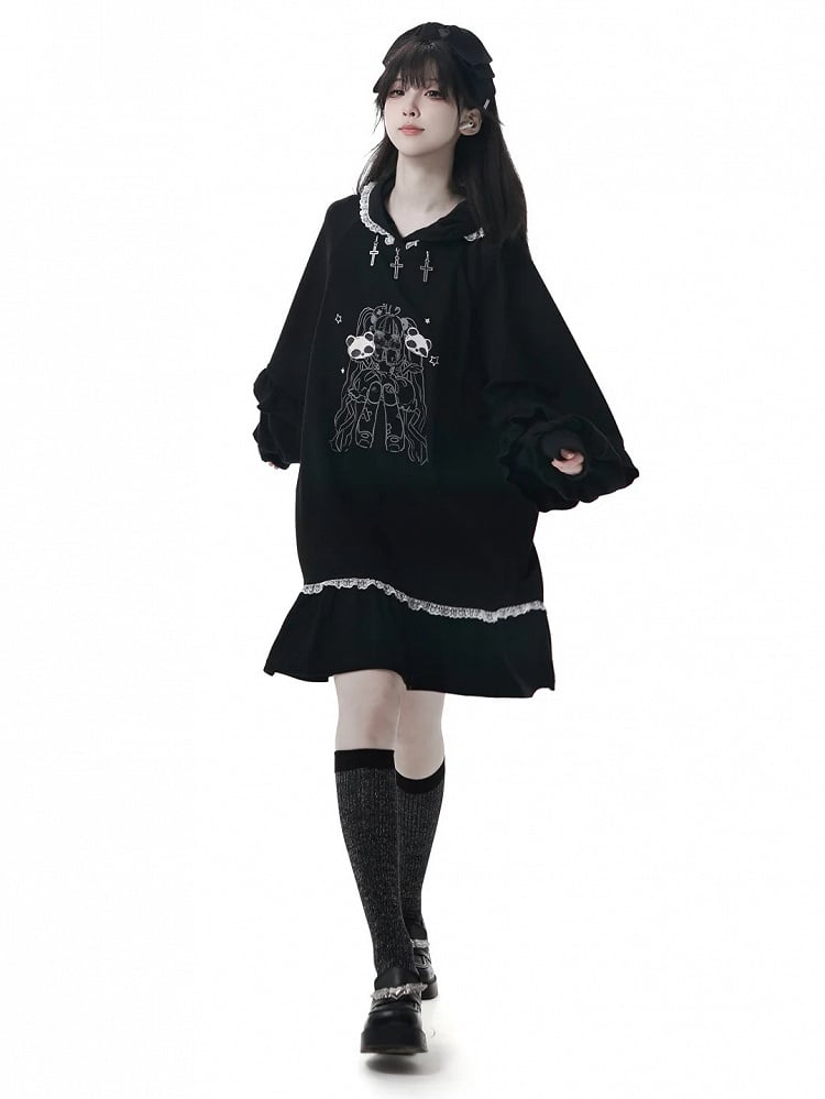 Cross Black Sweet-Grunge and Decoration Doll Metal with Dark Hoodie Dress Aesthetic Lace