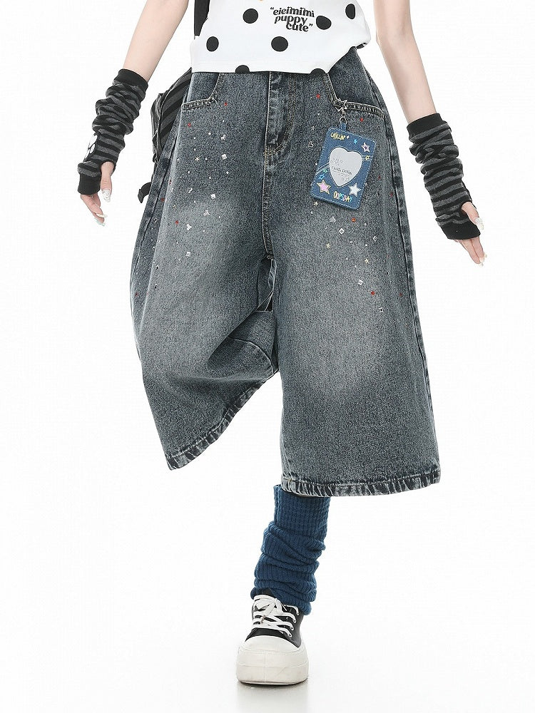 Washed Blue Cropped Wide Leg Rhinestone Jeans - Languid Park