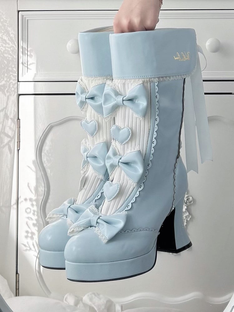 8.5cm High-heel Blue Elegant Lolita Platform Boots with Scalloped Hem & Fold-over Cuff
