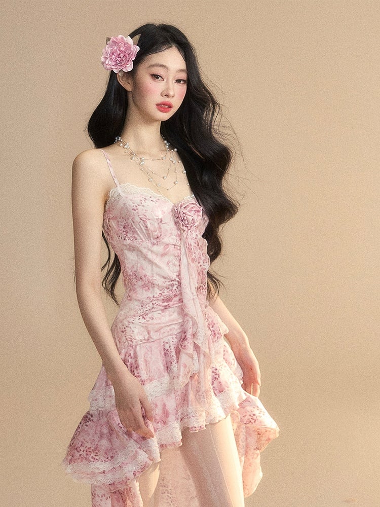 Ruffle Dress Slip Trim Cascading Gown Skirt Pink Tiered High-low