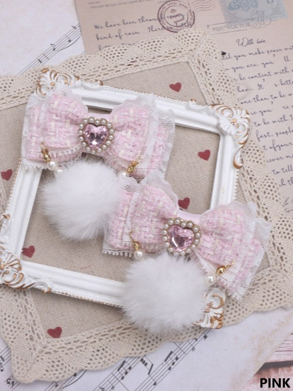 Rhinestone Color Hairclip Bowknot 7 Pearl With Kei Pom-Pom Jirai Heart Options Chain