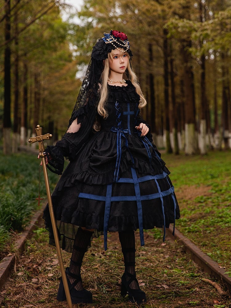 Cross JSK Accents with Gothic Black Birdcage Lolita and Blue Dress
