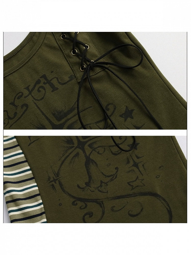 Retro Striped Patchwork Green Lace Up Top - Girlyhalo