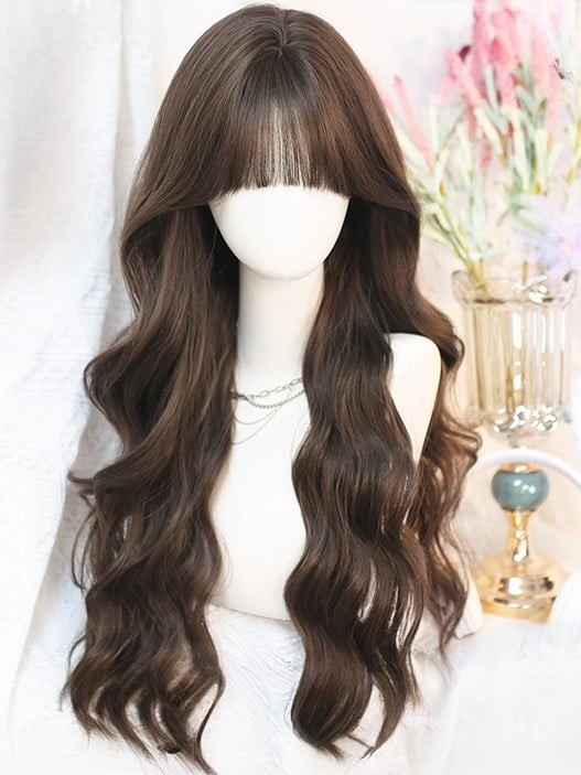 Ponyperücke mit Tee/Braun, Länge, Lufttaille, gewellt, Schwarz, 65–70 cm