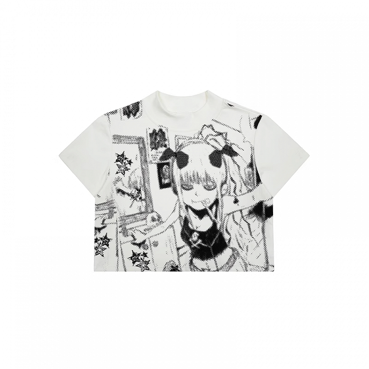 Bedrucktes weißes kurzes T-Shirt mit Rundhalsausschnitt und Anime-Mädchen