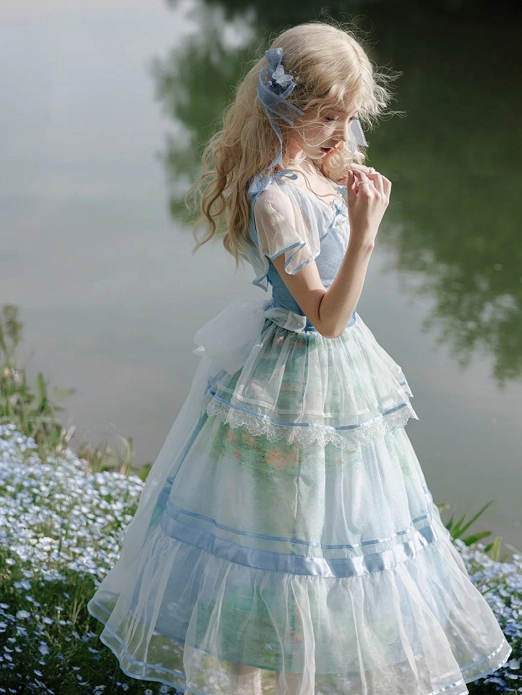 Sleeves One Oil Piece Water Lily Print Sky Square Neckline and Painting Blue Flutter