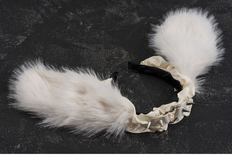 ホワイトハンドメイドスタッドディテールプラッシュバニーイヤーフリルKC