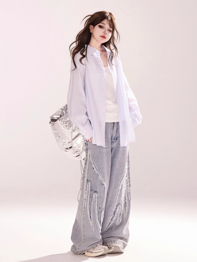 Vintage Wide-leg Jeans Light Blue Rise Wings Embroidery Applique Low