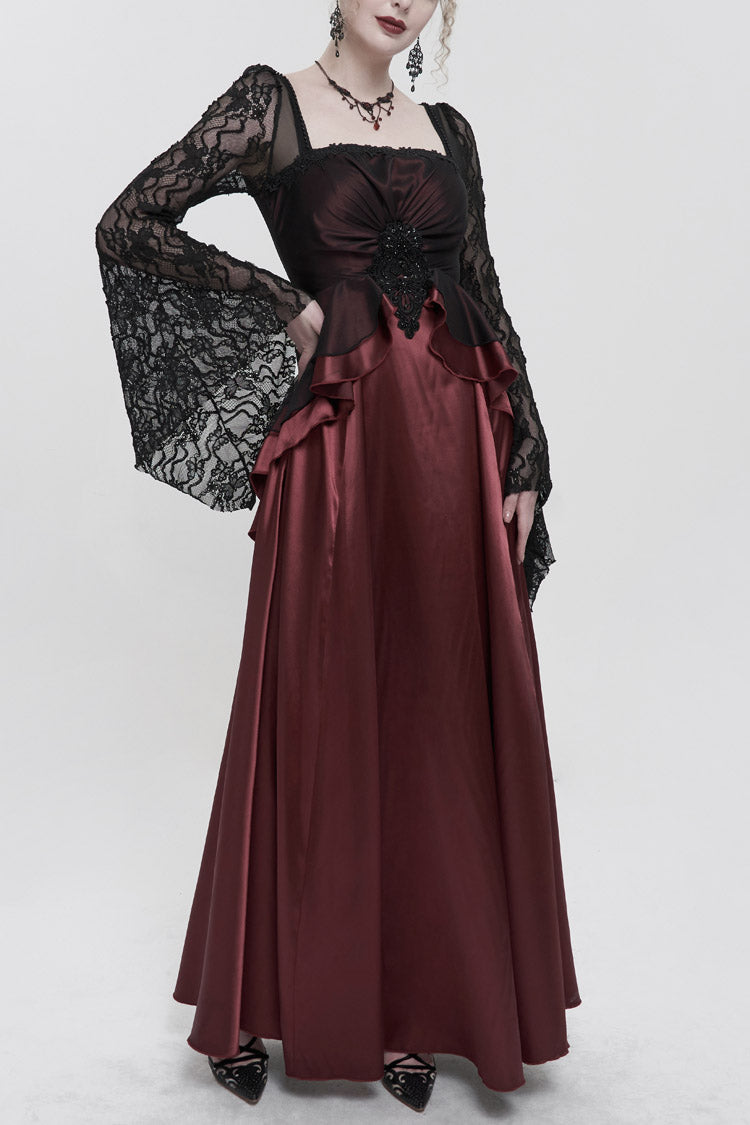 Crimson Lace Pointed Long Sleeves Back Zipper Satin Floor-Length Gothic Gown