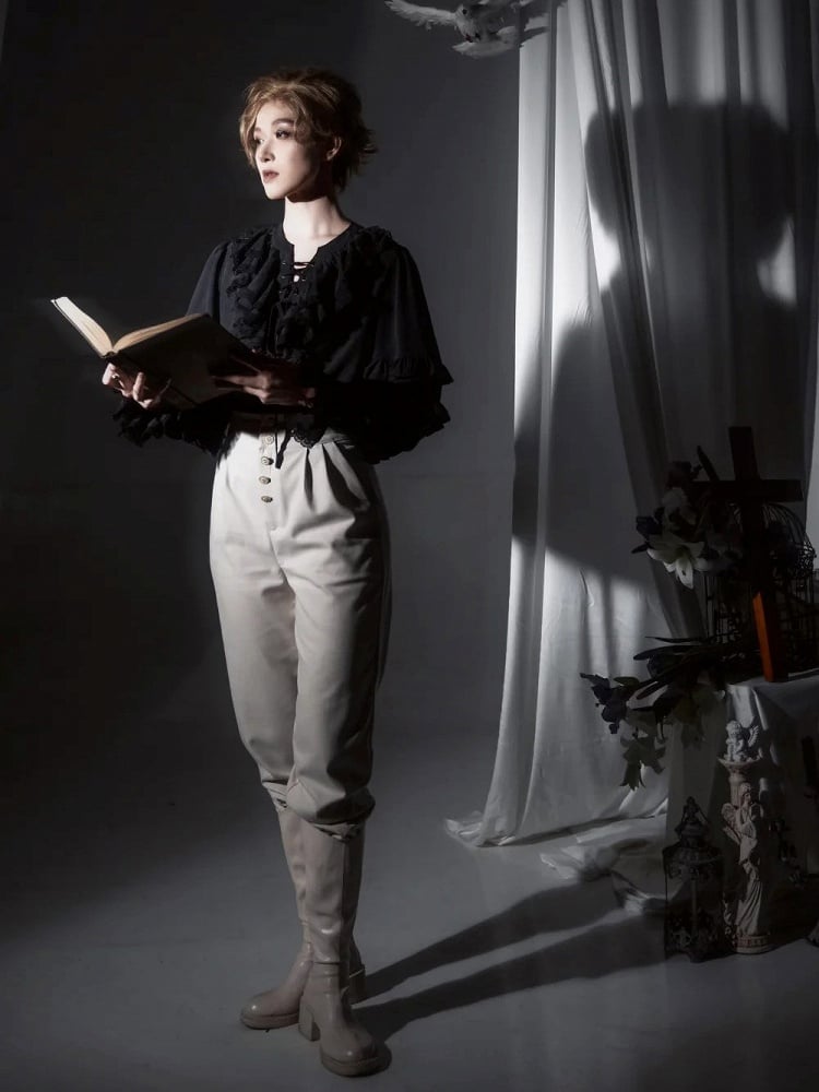 Button Ouji High-Waisted Lolita Details with Pants Beige