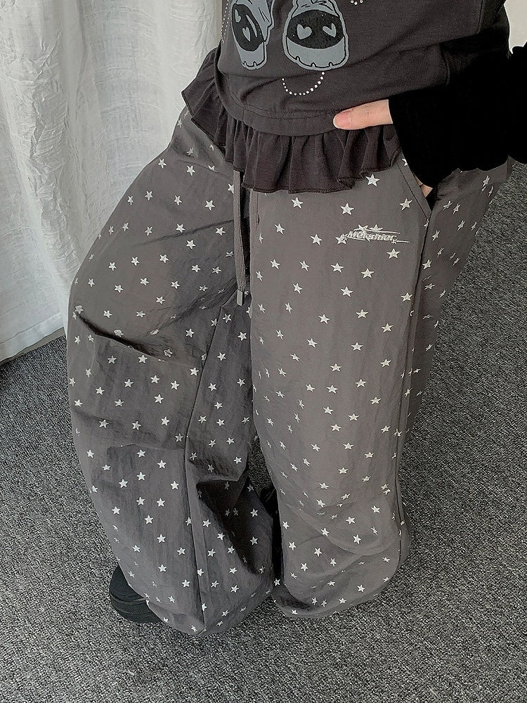 Gray Pleated Straight Leg Cargo Pants with Star Motif - Solkatt