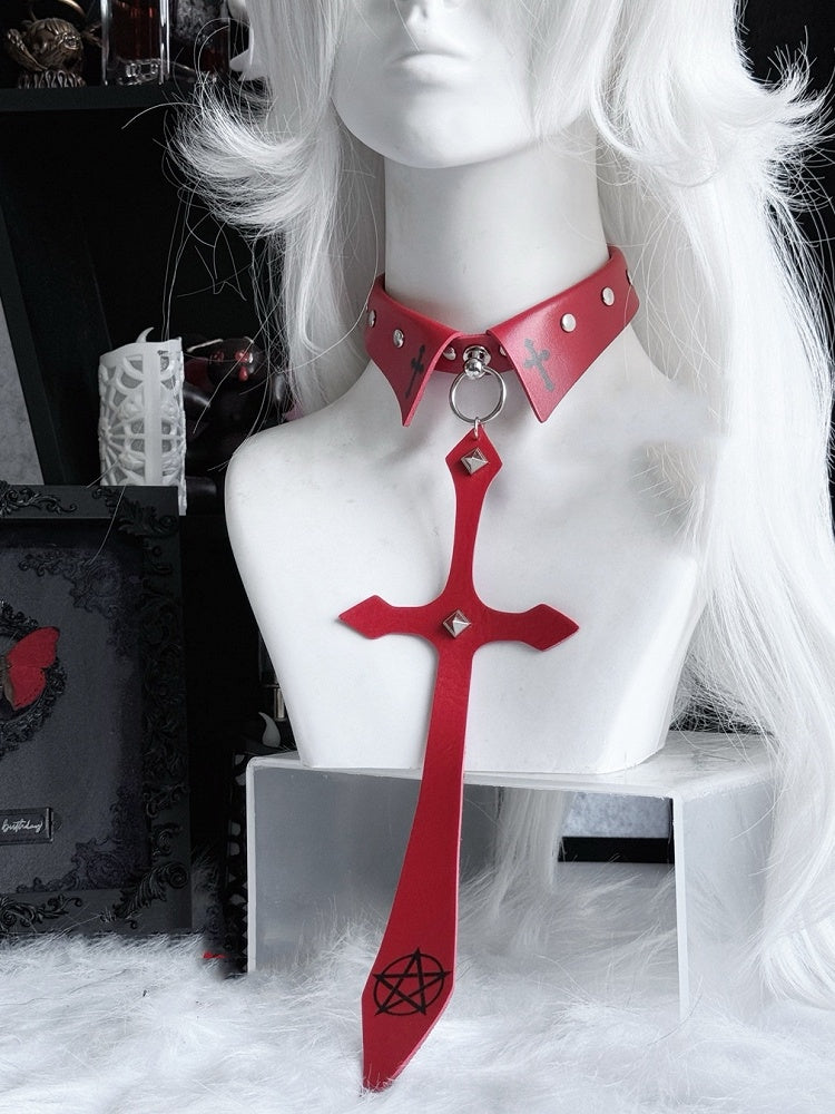 クロスチャーム スタッズネクタイ パンク ブラック/レッド ペンタクル