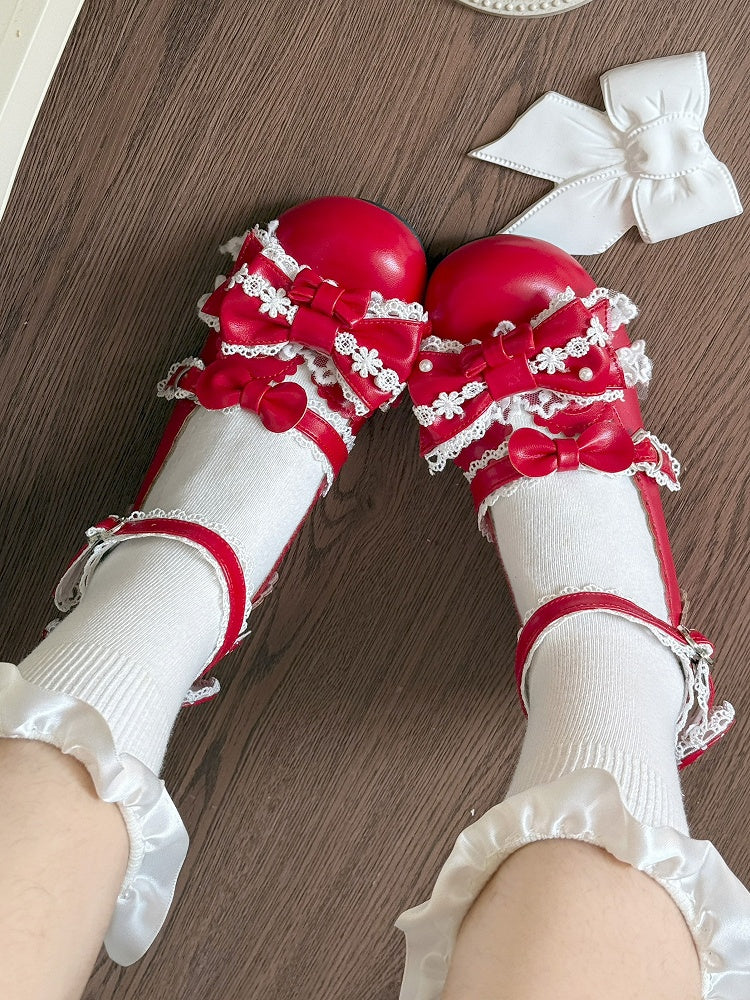- Shoes Top Round-Toe Bow Red Lace-Trimmed at Sweet Heart Snap Low-heel Lolita