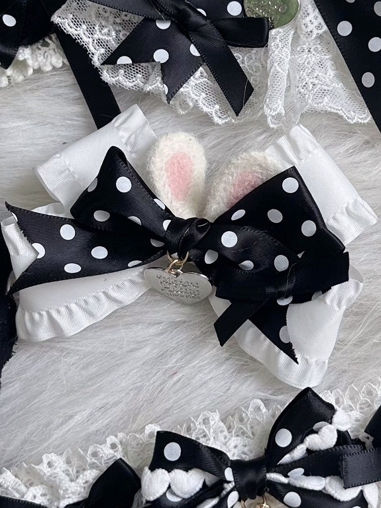 with Bunny Polka-dot White Ears Bowknot Hairclip Heart-Shaped Charm Black and