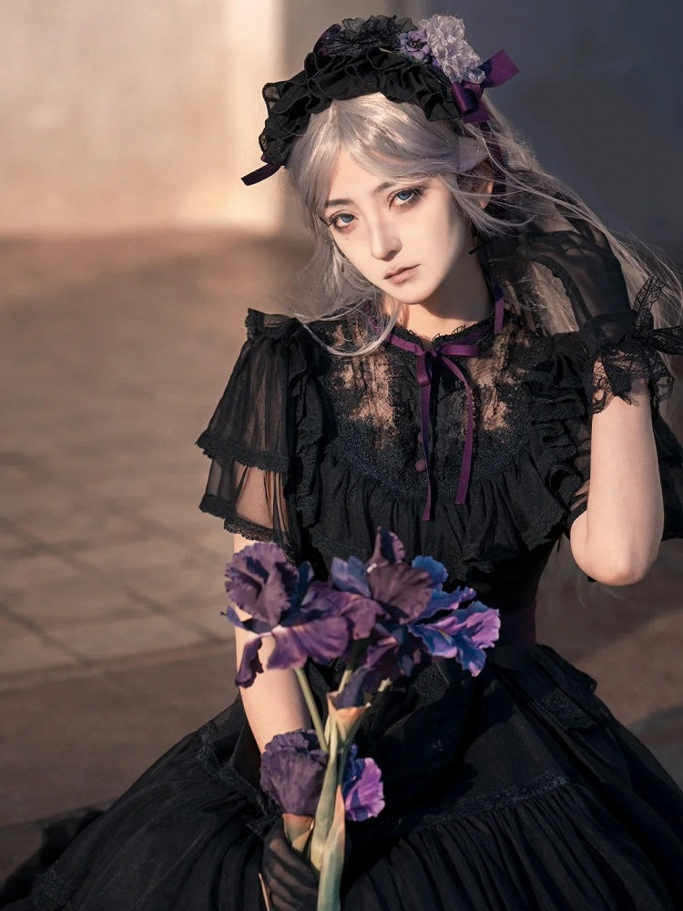 Lolita Schmetterlingsgürtel Schwarzes Kleid Taille Elegant Klassisch mit Ärmeln Illusion Ausschnitt Lila Edward