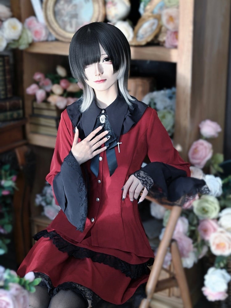 Black Gothic Red and Lace Trim Cross Adorned Pointed Flat Collar Bell Sleeves Top with Tiered Skirt Outfit Set -