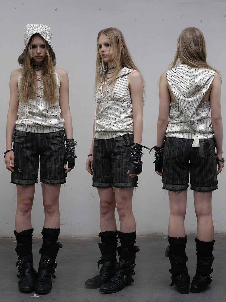 プリントトップ ホワイト スター柄 レースアップ ノースリーブ パーカー ストライプディテール