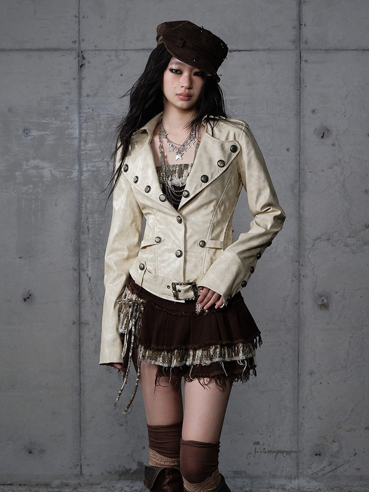 Yellow Belt Rose Jacket with Punk Buckle Embroidery Cropped Tailored Khaki