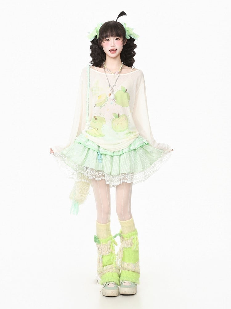 Breathable Apple-Print Long Sleeve Kawaii Top in Apricot for Warm Weather - Languid Park