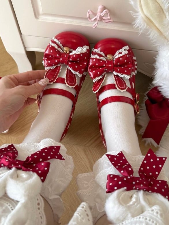 Janes Polka Red - Mid-heel PU Dot Top Bunny Bow Mary 4.2cm Sweet Charm