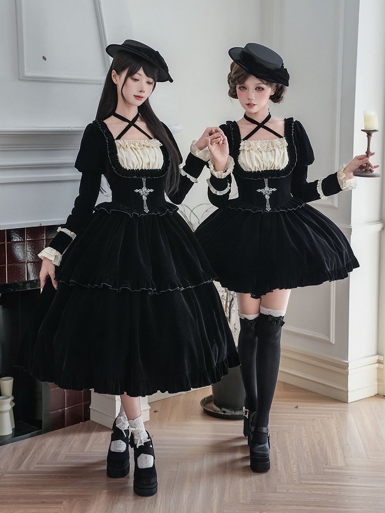 Version Boned Black Juliette Cross Waist Embroidery Sleeves Long Dress Lolita