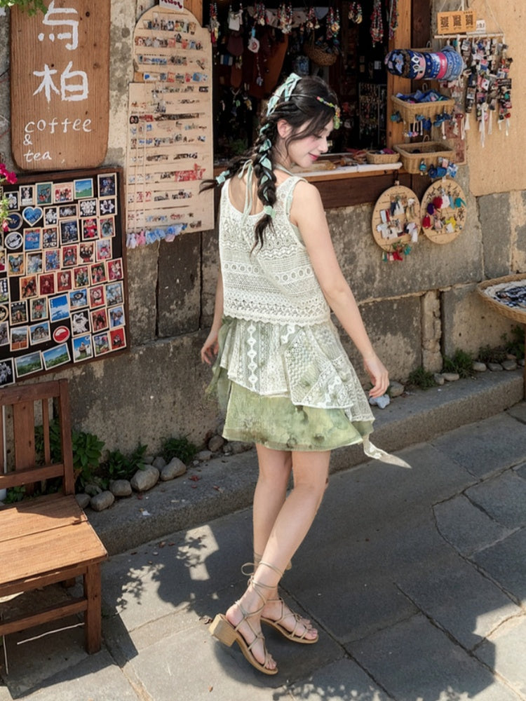 Dye Lace Patchwork Design Long/Short Tie Skirt Version Kei Green Mori