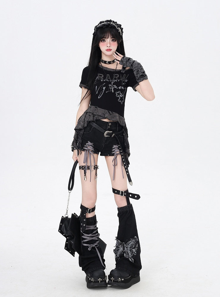 with Leg Hem Denim Shorts Lace-up Details Black Butterfly and Warmers Gray Applique