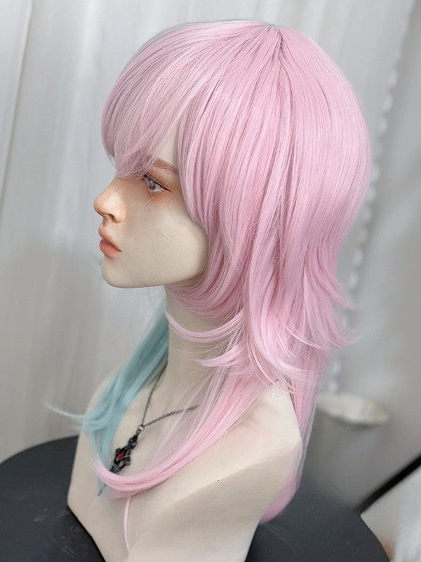 45cmストレートカラースタイル、グリーンピンクの王子ウィッグ、前髪スプリット