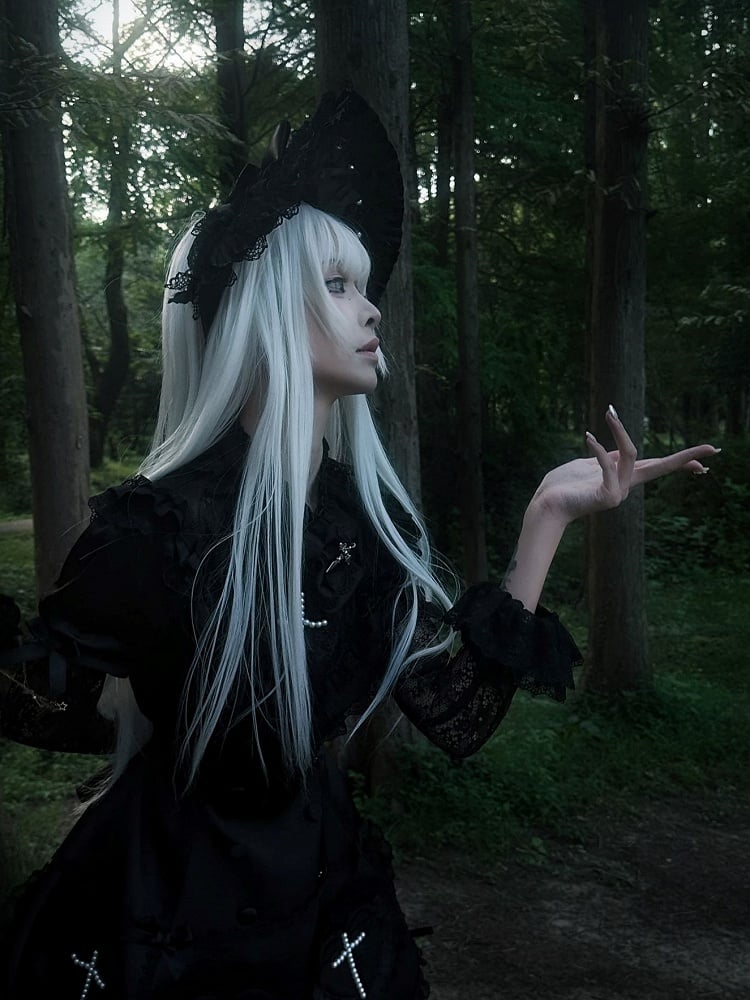 Black with Bead Bonnet Lace Lolita Accents Gothic