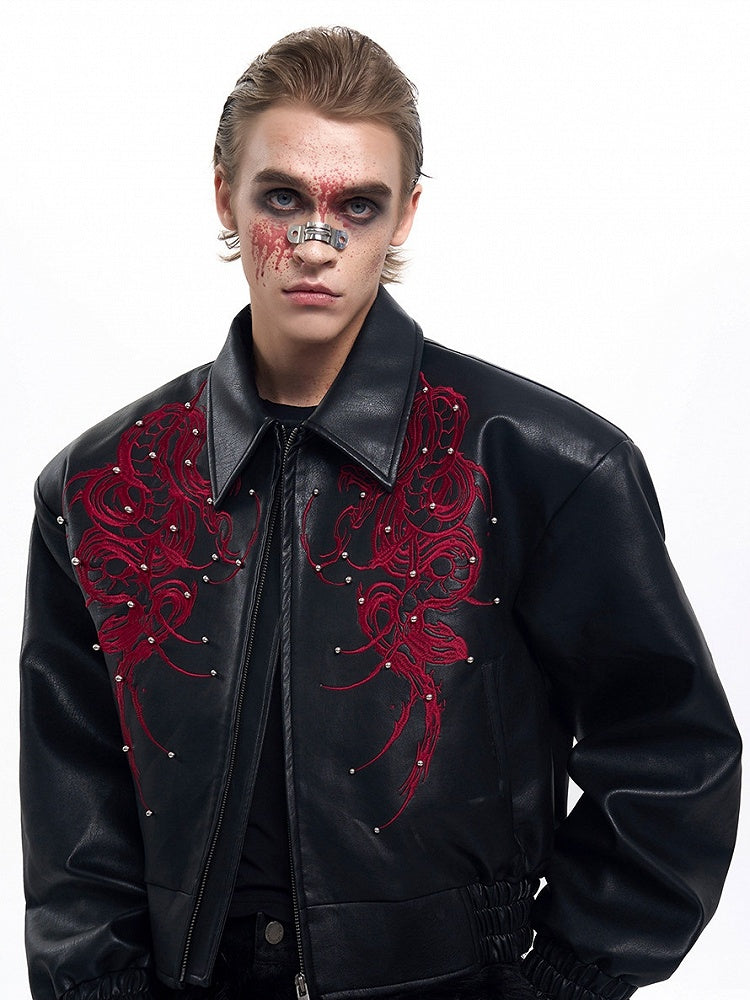 Embroidery Cropped Details with Men's Jacket Studded Thorn PU Black Snake