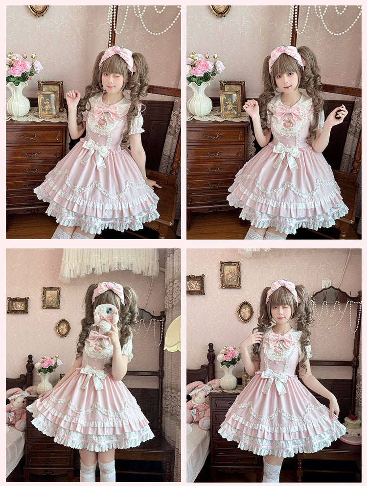 Erdbeerstickerei Rosa gewellter Rand JSK Leichtes süßes Lolita-Kleid