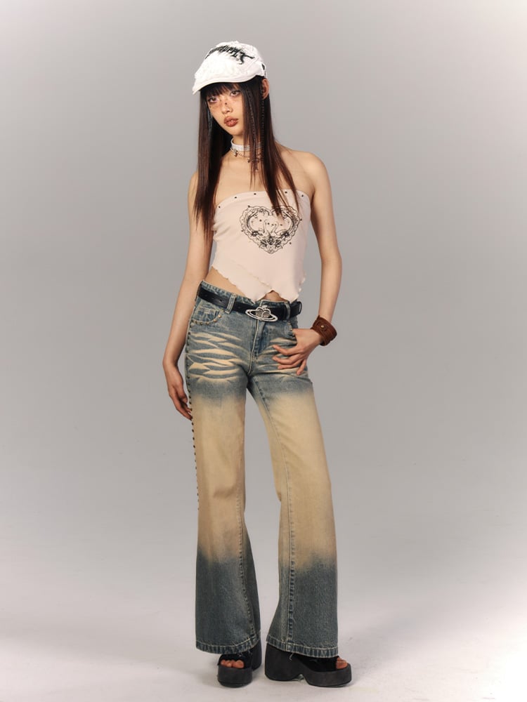 Apricot with Swan Studded Y2K Top Punk Layered Print Crop Neck Hem Strapless Triangle