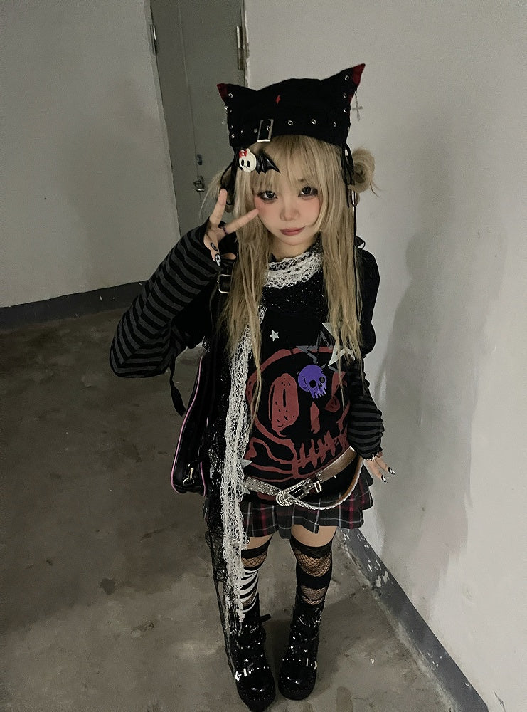 Punkrock-Zweiteiler und Top aus schwarzer Skelett-Baumwolle mit Sternendruck