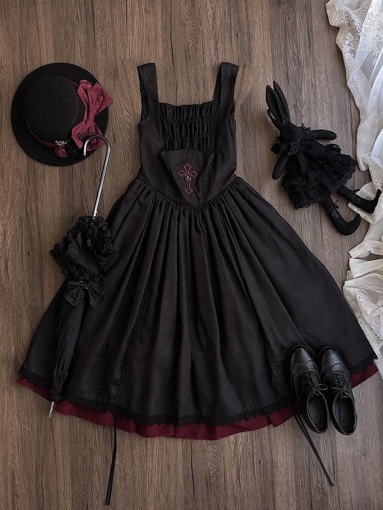 Dress Drawstring Lolita Embroidery Basque Cross Black Waist Gothic with JSK