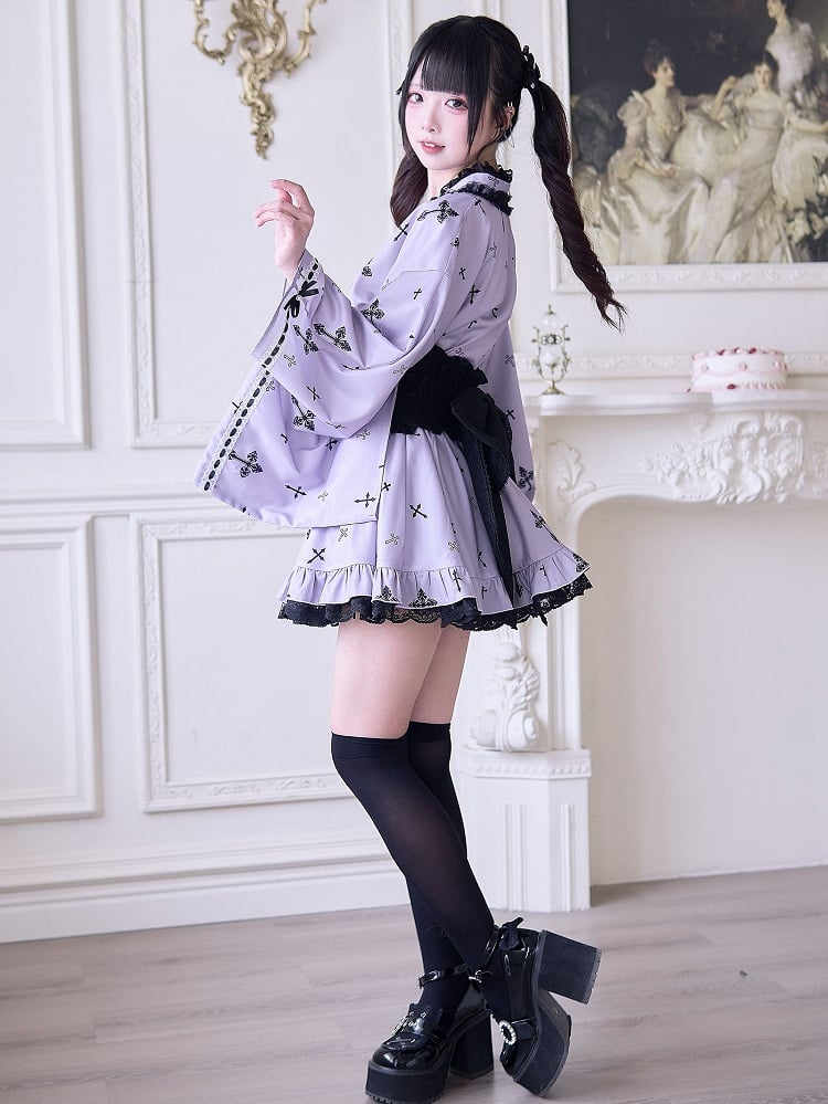 Sleeves Cross and Wrap Black Jirai Purple Gothic with Print Bell Style Top Kei Kimono-Inspired