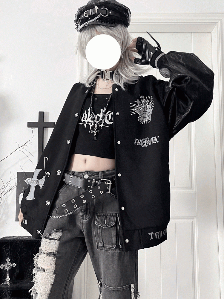 Vintage CuffCrown+Wing Black Gray Baseball Jacketwith Striped Print Gothic