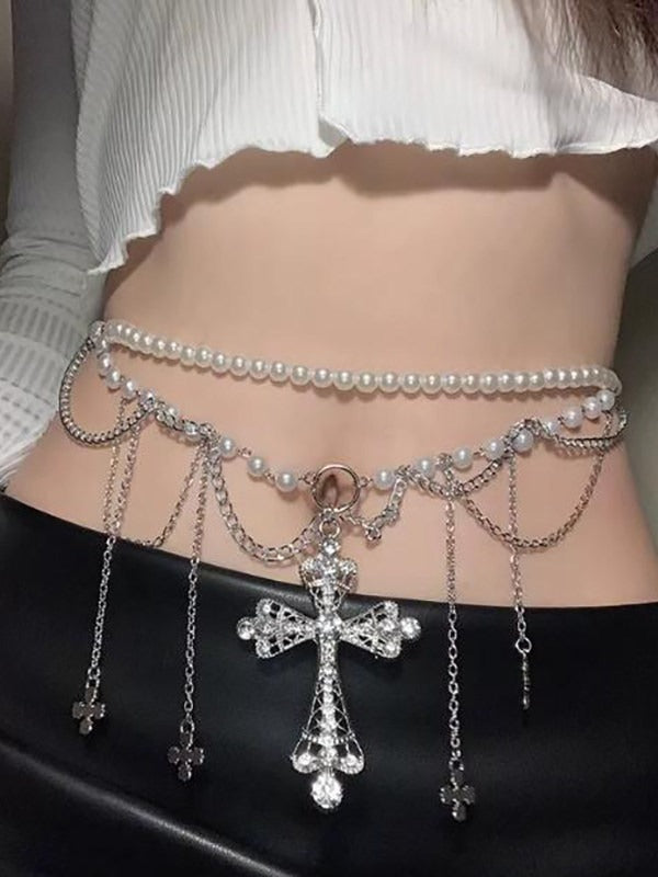 Silver Cross Pearl Waist Chain - WhaleHall