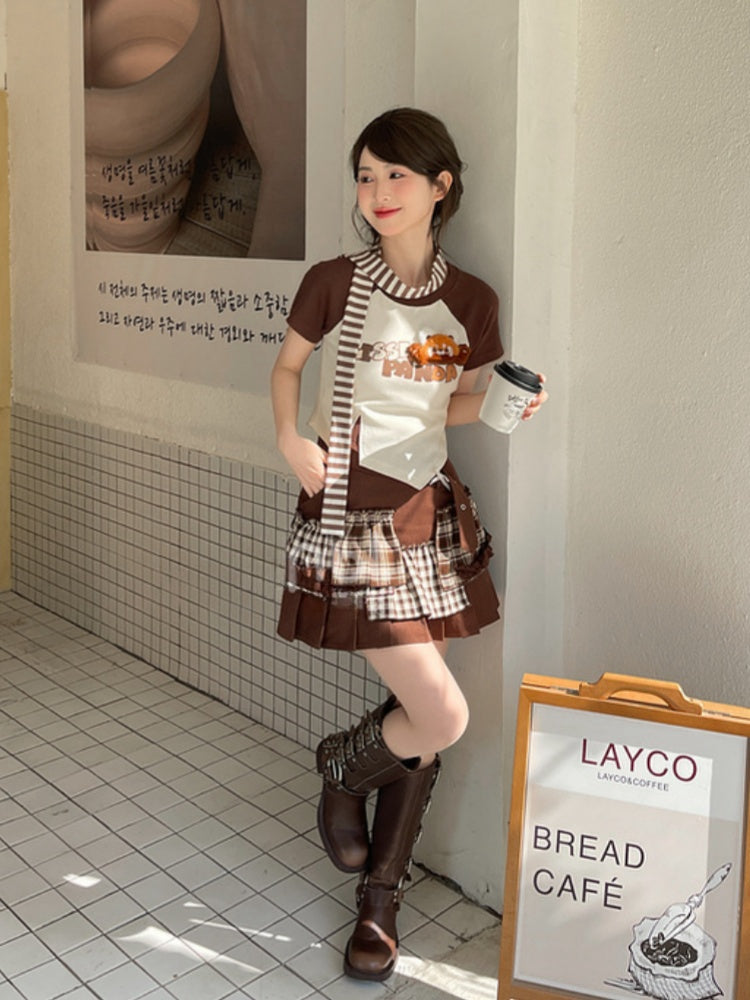 Plaid Patchwork Fashion Y2K Brown Pleated Skirt Millard
