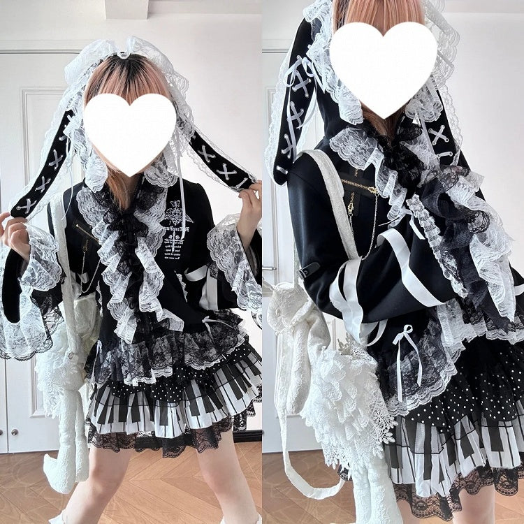Lining Jirai Fur Lace with Opulent Rabbit Black Ear Kei Jacket White Faux