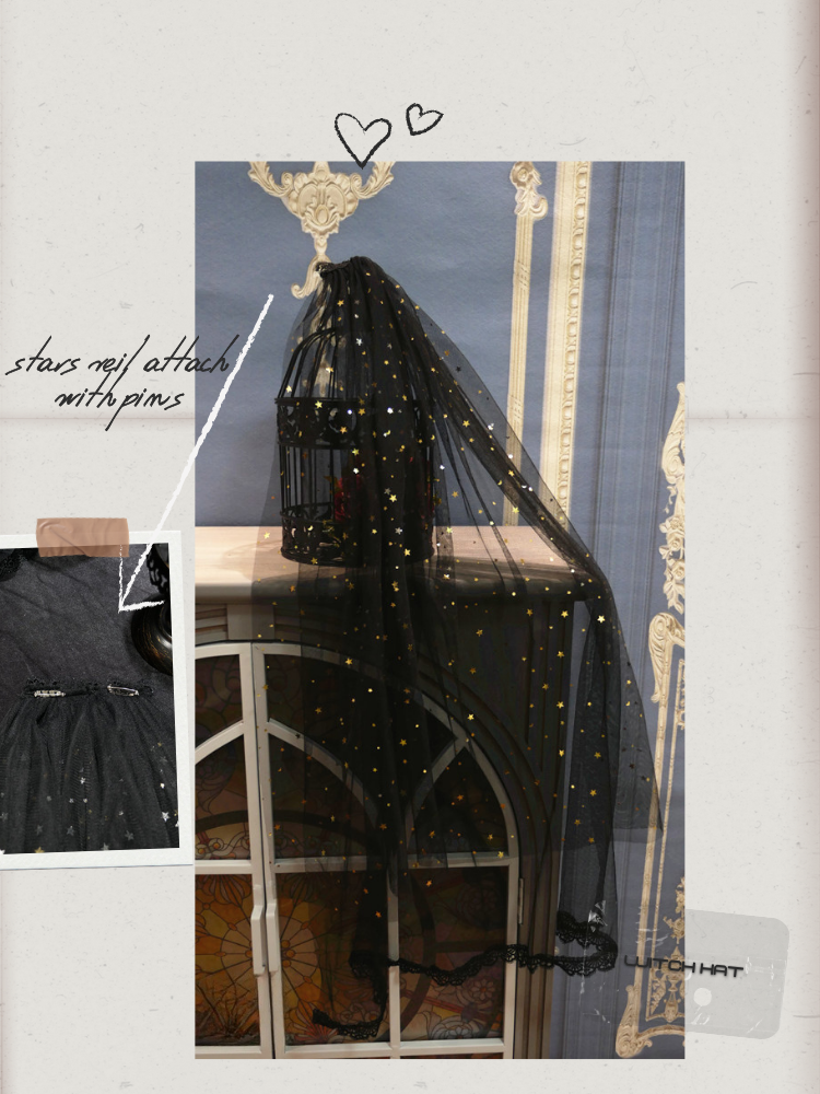 Red Ribbon Bow Christmas Fancy Witch Hat with Optional Shiny Veil and Stars Chain