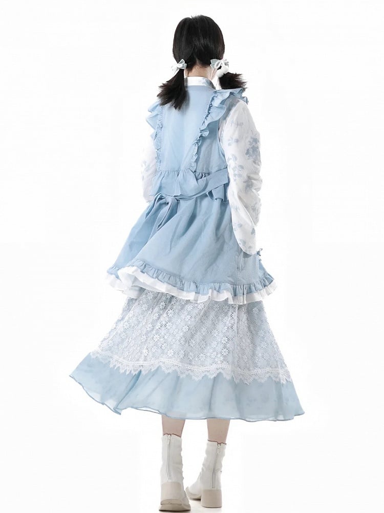 Rococo Back Buttons Style Blue Flutter Sleeves Big Sleeveless Dress Knot Cheongsam Details Tassel Bow
