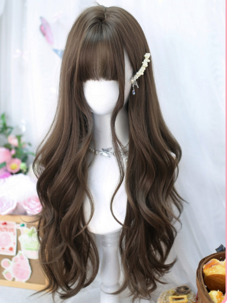 Brown Under Bust Length 70CM Wavy Wig with Air Bangs