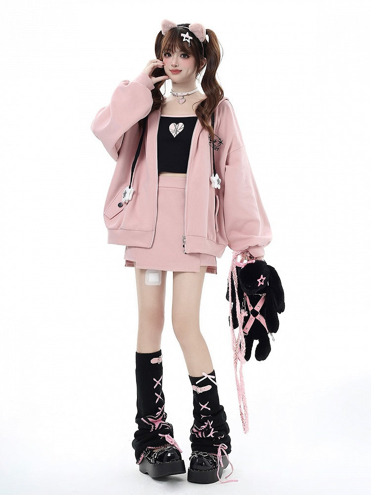 Charm Fleece-lined Pink Star Jacket Chest Embroidered with Design Hooded Drawstrings