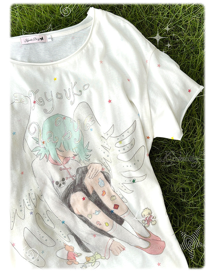 Cartoon Round Neck T-shirt Angel Print Apricot