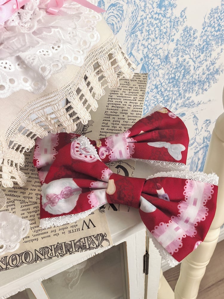 Rose / Cream / Crimson Lolita Bow Hair Clip - Pastry Chef