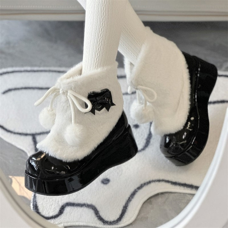 with Bow Pom-Pom Accents Ankle Black Sweet Lolita Boots Round-Toe and