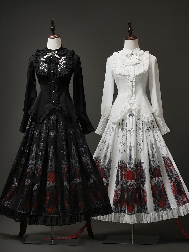 Black Angel Ruffled Pleat Box Gothic Skirt Red and Blouse Set Printed