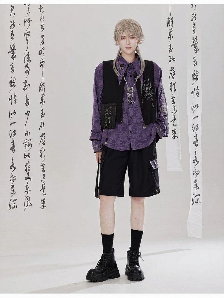 Style Chinese Side Embroidery with Shorts Pockets Black